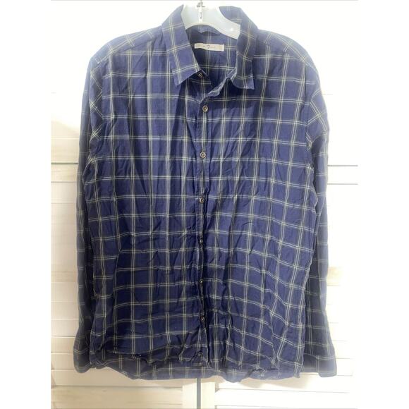 7 For All Mankind Shirt Men's Size Medium Blue Plaid Long Sleeve Cotton - Picture 1 of 5